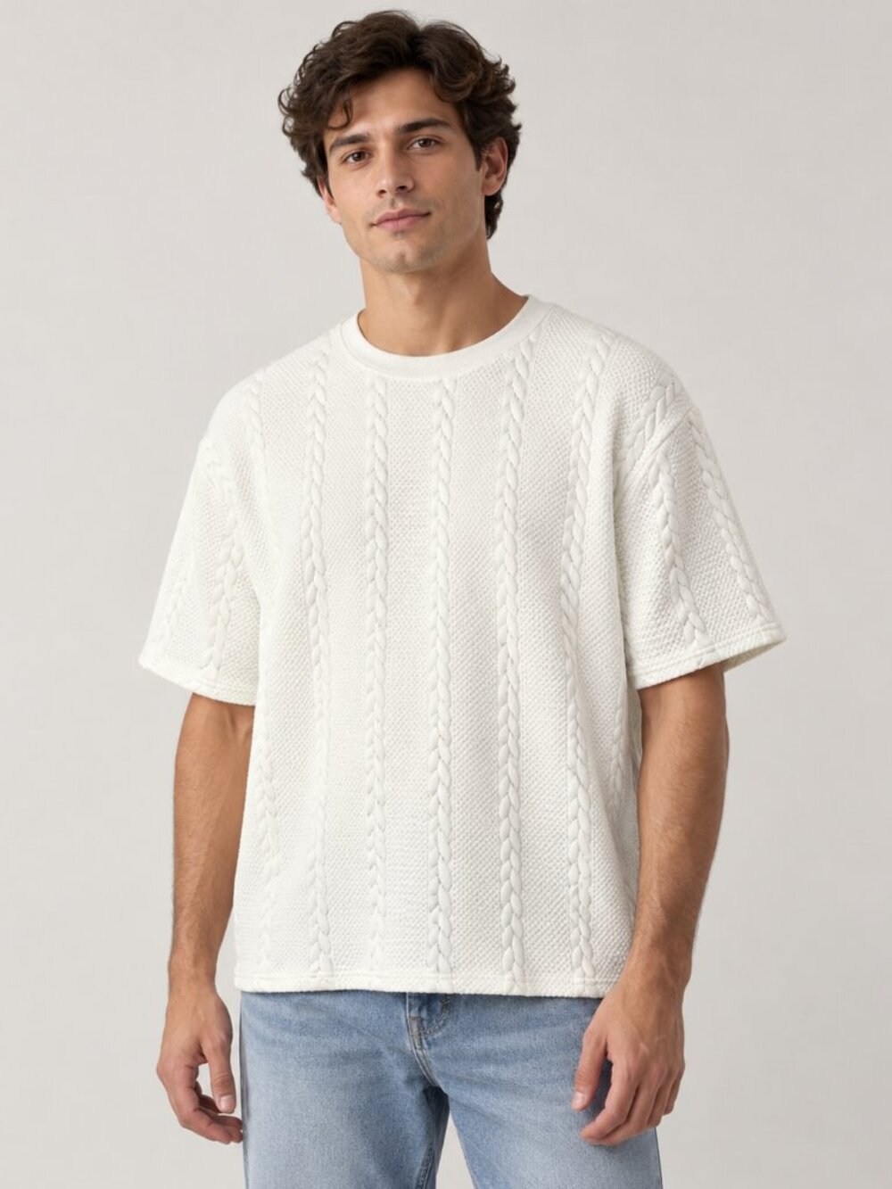 MANFINITY 3XL White Cable Knit Textured Short Sleeve Oversized Sweater Top